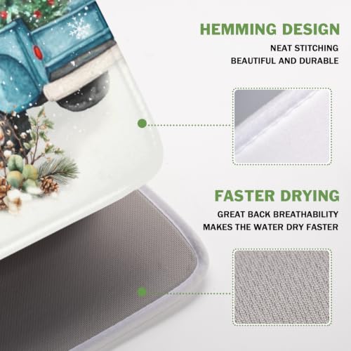 Winter Snowman Blue Dish Drying Mat Xmas Truck Dishes Pad 16"x18" Microfiber Absorbent Drainer Rack Mats Protector for Kitchen Counter Sink