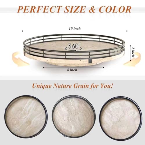 10 Inch Italian Travertine Lazy Susan with Black Metal Frame