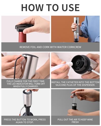 6-in-1 Electric Wine Opener Set Rechargeable Stainless Steel Wine Opener Gift Set with Foil Cutter, Rechargeable & Manual Wine Aerator Pourers, Vacuum Wine Stopper and Storage Base, Silver (6 Count)