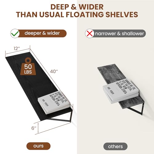 40W x 12D Deep Floating Shelves Set of 2 Black (2 Count)