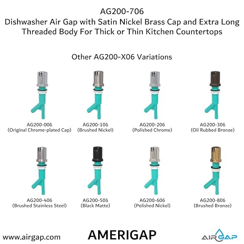 Dishwasher Air Gap with Skirted Satin Nickel Brass Cap and Extra Long Threaded Body for Thick or Thin Kitchen Countertops