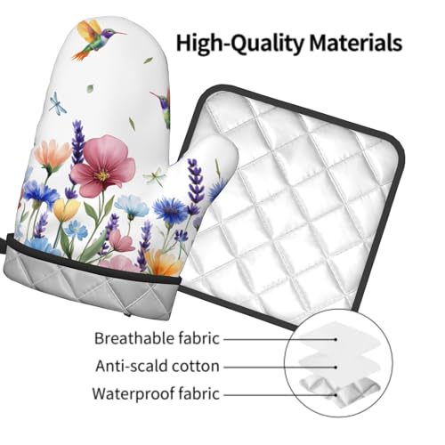Spring Floral Oven Mitts and Pot Holder 2Pcs Hummingbird Flower Heat Resistant Kitchen Glove Washable Potholder for Baking Cooking Grilling