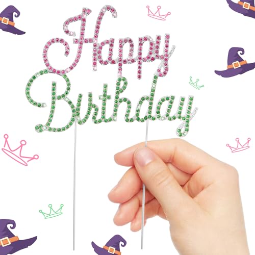 Happy Birthday Cake Topper Pink & Green Rhinestones Witch MovieThemed Cake Topper for Birthday Party Decorations