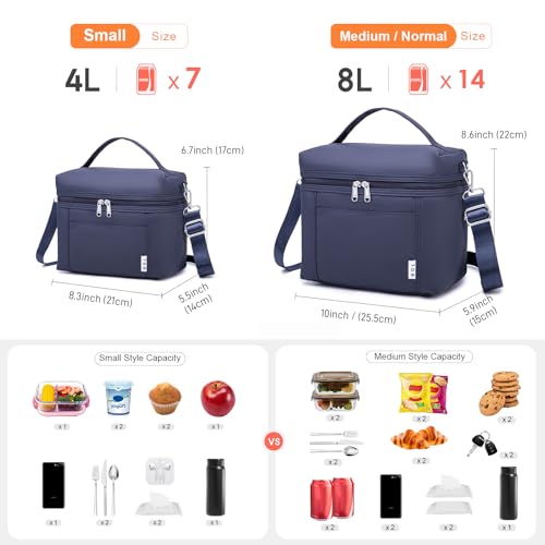 NOL Insulated Lunch Bags for Women Cooler Bag Lightweight Nylon Waterproof Lunch Box for Work Small Navy Blue 4L