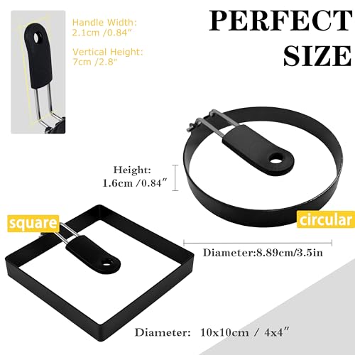 2 Pack Round+Square Egg Rings Set with Silicone Handle (2 Count)