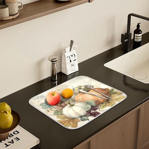 Autumn Pumpkin Fall Leaves Thanksgiving Dish Drying Mat for Kitchen Counter Absorbent Microfiber Large Drying Pad Dish Mats for Kitchen Countertops 18 x 24 Inch