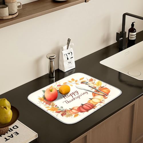 Pumpkin Happy Thanksgiving Dish Drying Mat for Kitchen Counter Absorbent Microfiber Large Drying Pad Dish mats for Kitchen Countertops 18 x 24 Inch