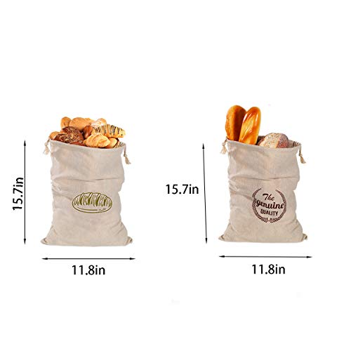 Natural Linen Bread Bags 2Pack 100% Flax Linen for Homemade Bread Reusable Food Storage Bags Reusable Bread Bags for Large Loaf Bakery & Baguette (2 Count)