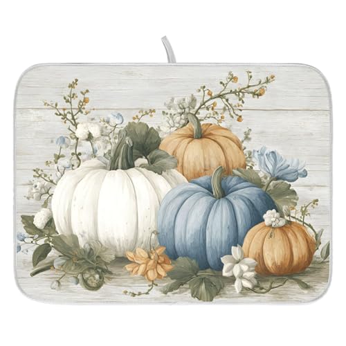 Fall Blue Orange Grey Pumpkin Thanksgiving Dish Drying Mat for Kitchen Counter Absorbent Microfiber Small Drying Pad Dish Mats for Kitchen Countertops 16 x 18 Inch