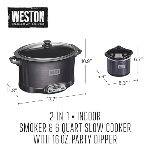 2-in-1 Programmable Slow Cooker & Electric Indoor Smoker, 6 Quart, 3-Tier Smoking Rack for Meat, Cheese and More, Dishwasher Safe Crock, Temperature Probe, Includes 16 oz. Party Dipper, Black