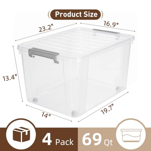 69 QT Plastic Storage Bins with Latching Lids Stackable Storage Containers for Organizing Large Clear Storage Box for Garage (4 Count)