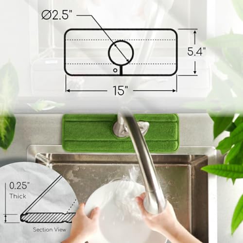 Original SINKMAT 15in Faucet Splash Guard Extra Long Microfiber Sink Drip Catcher Mat Non Slip Countertop Protector Drying Pad Kitchen Bathroom RV Machine Washable [Moss Green]