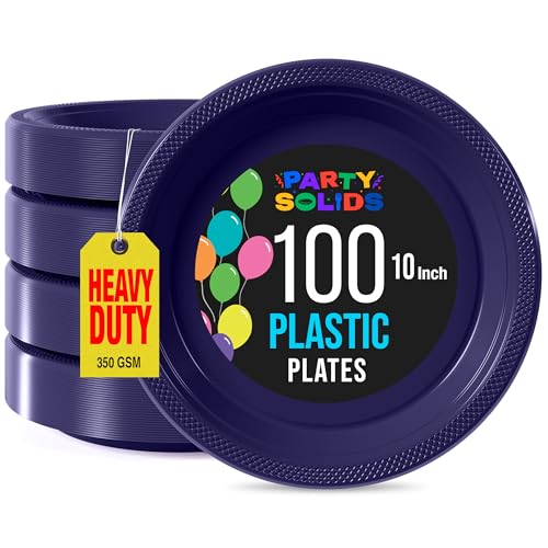 Party Solids Navy Plastic Plates For Party 10" Navy Disposable Plates Heavy Duty 100 Pcs Plastic Dinnerware Sets Heavy Duty 350 GSM Disposable Dinnerware Set (100 Count)