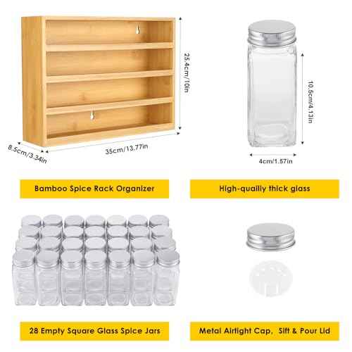 Bamboo Spice Rack Organizer With 28 Glass Spice Jars 4 oz (28 Count)