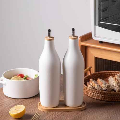 Sweejar Matte Ceramic Olive Oil Dispenser Bottles with Bamboo Tray