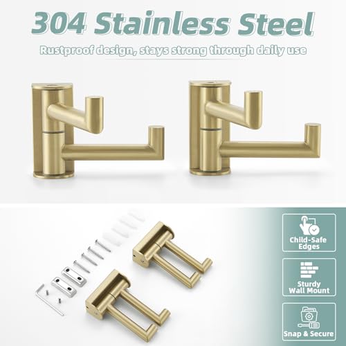 Brushed Gold Swivel Towel Hooks for Bathroom (2 Count)