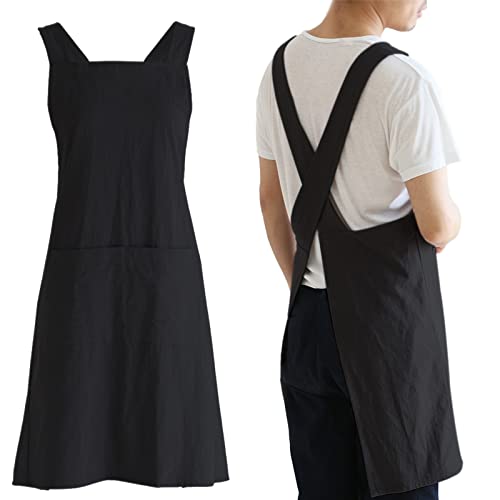 Japanese Linen Cross Back Kitchen Cooking Aprons for Men with Pockets for Baking Painting Gardening Cleaning Black