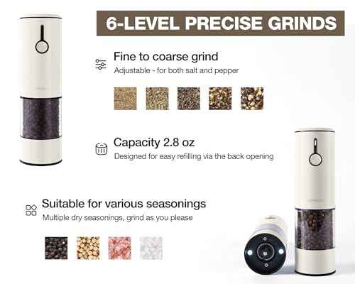Electric Salt and Pepper Grinder Set Stainless Steel 2 Pack USB Rechargeable LED One Hand Off White (2 Count)
