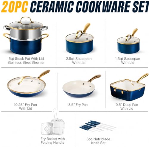 20pcs Pots and Pans Set Non Stick Ceramic Cookware Set with Deep Frying Pan Set & 6pc Knife Set
