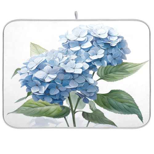Blue Hydrangeas Flower Dish Drying Mat for Kitchen Counter Absorbent Microfiber Drying Pad