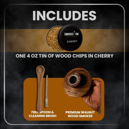 Premium Walnut Wood Cocktail Smoker with One 4 oz Tin of Wood Chips. Great for Whiskey & Old Fashion. Coated in Safe Food Natural Beeswax