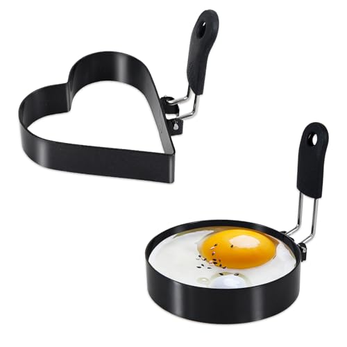 2 Pack Round+Heart Egg Rings Set with Silicone Handle