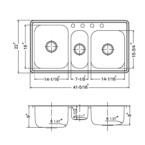 41" Stainless Steel Topmount Triple Bowl Kitchen Sink