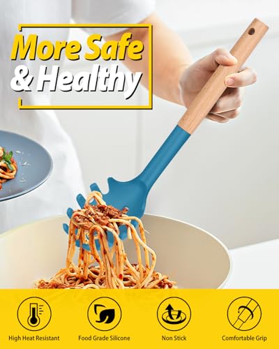 Silicone Pasta Fork and Ladle Spoon Set with Wooden Handle (2 Count)
