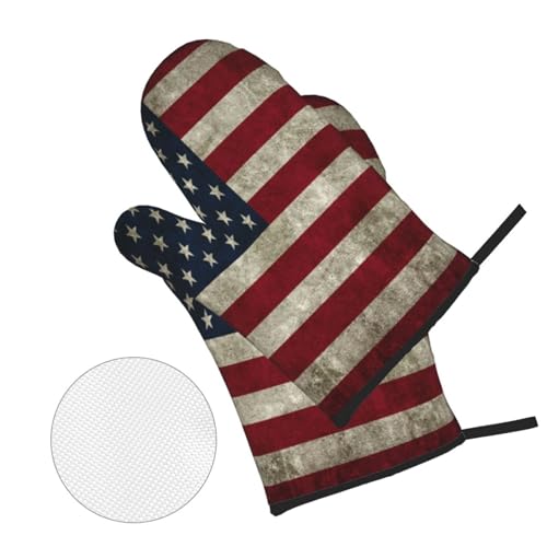 Retro American Flag Oven Mitts and Pot Holders Sets of 4 High Heat Resistant Oven Mitts with Oven Gloves and Hot Pads Polyester Potholders for Kitchen Baking Grilling Non