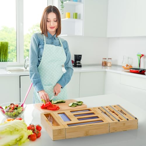 9 IN1 Bamboo Storage Bag Drawer Organizer with Cutter