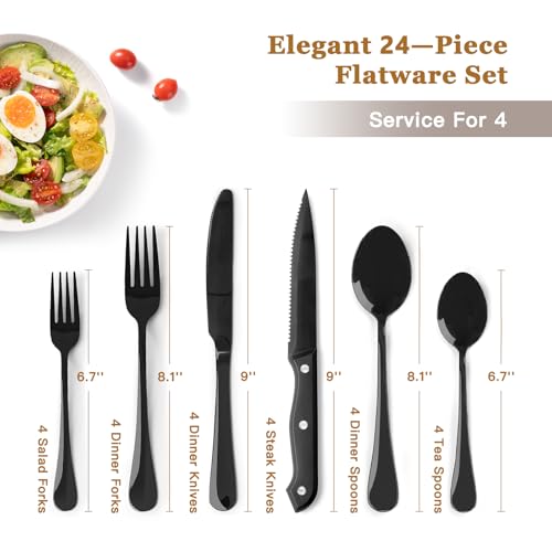 24 Piece Black Silverware Set with Steak Knives Flatware Set for 4 Food (24 Count)