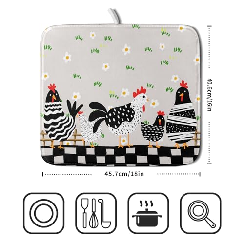 Black Rooster Dish Drying Mat for Countertop 16x18 Inches Buffalo Plaid Microfiber Drainer Rack Pads Fast Dry Dishes Mats Kitchen Accessories