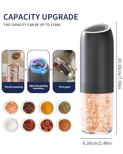 Gravity Electric Salt and Pepper Grinder Set Battery Powered Automatic Pepper Mill Grinders with 176ml Container (2 Count)