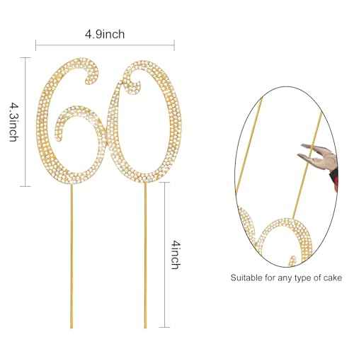 Cake Topper 60th Birthday Decorations Women Gold Rhinestone Cake Toppers