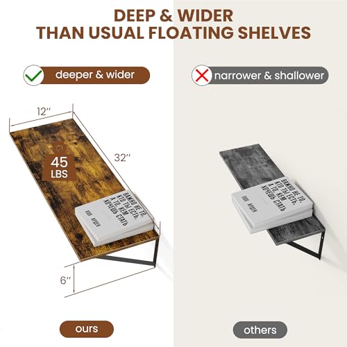 32W x 12D Deep Floating Shelves Set of 2 Rustic Brown (2 Count)
