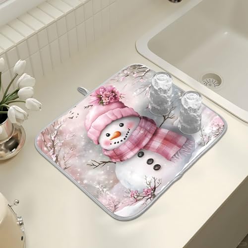 Winter Pink Snowman Dish Drying Mat for Kitchen Counter Absorbent Microfiber Christmas Large Drying Pad Dish mats for Kitchen Countertops 18 x 24 Inch