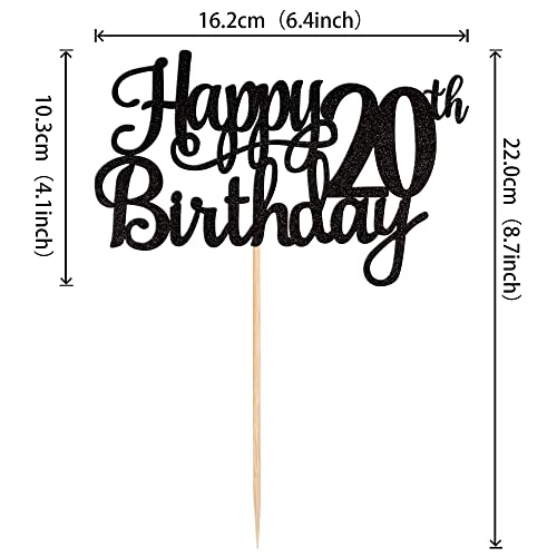 1 PCS Happy 20th Birthday Cake Topper Glitter Cheers to 20 Years Birthday Cake Pick Twenty 20 Fabulous Cake Decoration for Happy 20th Birthday Theme Party Decorations Supplies Black