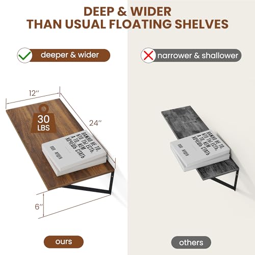 24W x 12D Deep Floating Shelves Set of 2 Walnut
