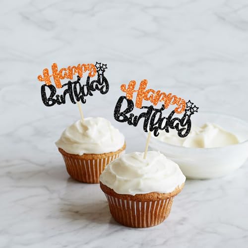 24Pcs Happy Birthday Cupcake Toppers Double Layer Glitter Happy Birthday Cake Decorations for Halloween Baby Shower Theme Anniversary Party Cake Decorations Supplies Black Orange (24 Count)