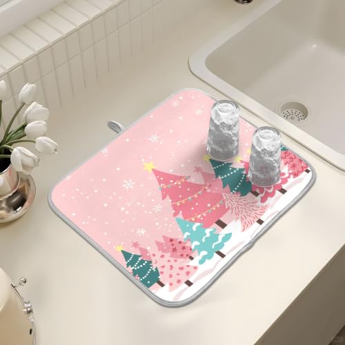 Christmas Tree Pink Dish Drying Mat for Kitchen Counter Absorbent Microfiber Small Drying Pad Winter White Snowflake Xmas Dish Mats for Kitchen Countertops 16 x 18 Inch