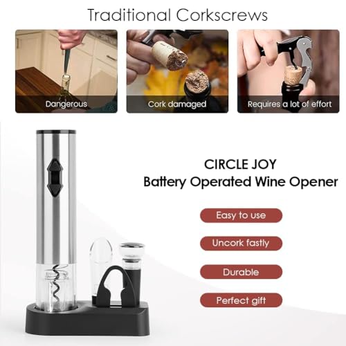 5-in-1 Electric Wine Opener Gift Set Stainless Steel Electric Wine Bottle Opener Battery Operated Corkscrew with Foil Cutter, Wine Pour, Wine Stopper and Storage Base, Silver