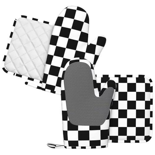 Black White Check Plaid Oven Mitts and Pot Holders Sets Silicone Black and White Checkered Plaid Kitchen Mitts Potholders Heat Resistant 4Pcs Oven Gloves Hot Pads for Cooking Grilling (4 Count)