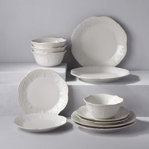 French Perle White Stoneware Dinnerware Set with All (12 Count)