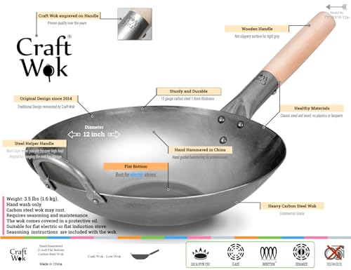 Flat Hand Hammered Carbon Steel Pow Wok with Wooden and Steel Helper Handle