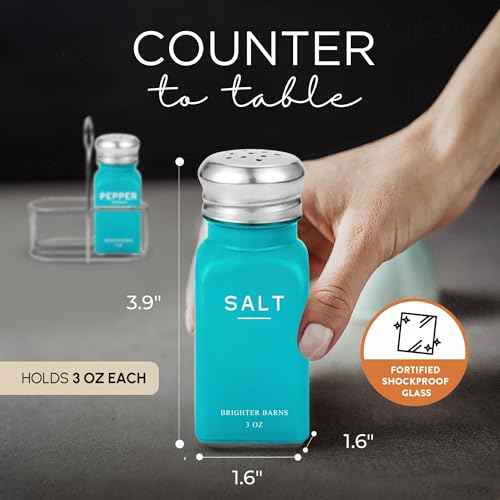 Teal Salt and Pepper Shakers Set with Holder by Brighter Barns