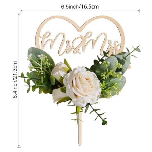 Mr & Mrs Wedding Cake Topper in Wood Heart Cake Topper with Flowers and Leaves