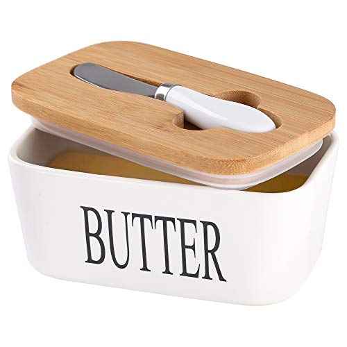 Ceramic Butter Dish with Bamboo Lid and Stainless Steel Knife Spreader