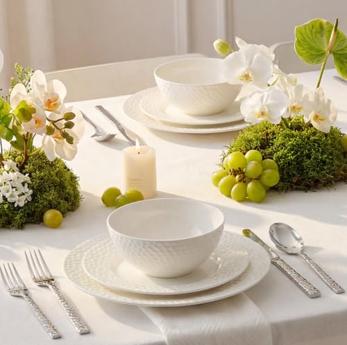 12Pcs Hammered Rim White Bone China Set