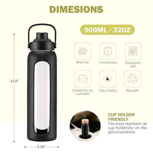 32 oz Glass Water Bottle with Straw and 2 Lids