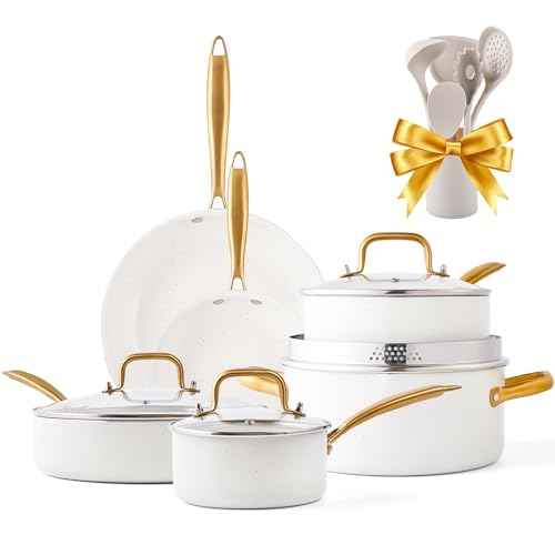 Pots and Pans Set Nonstick Granite Gold Cookware Set